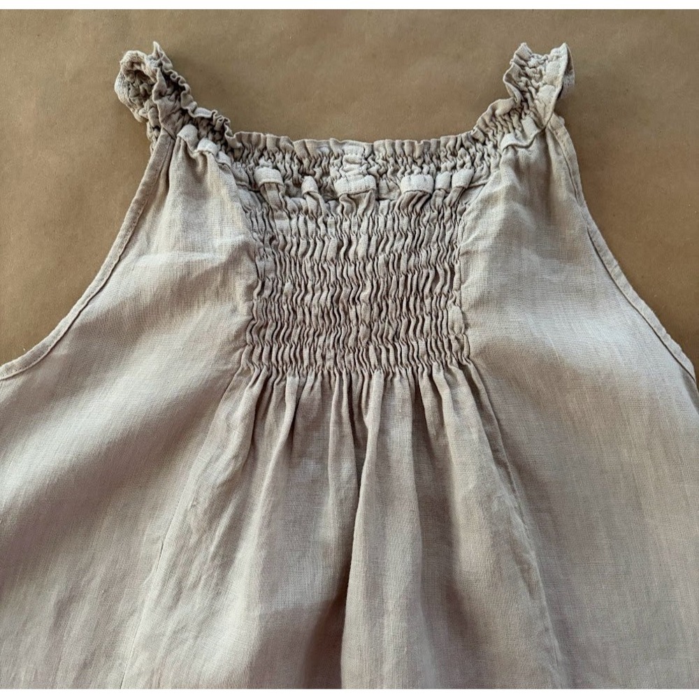 Piazza Roma Womens Linen Smocked Ruffle Top Beige XS Italy Lagenlook Minimalist - Picture 5 of 7